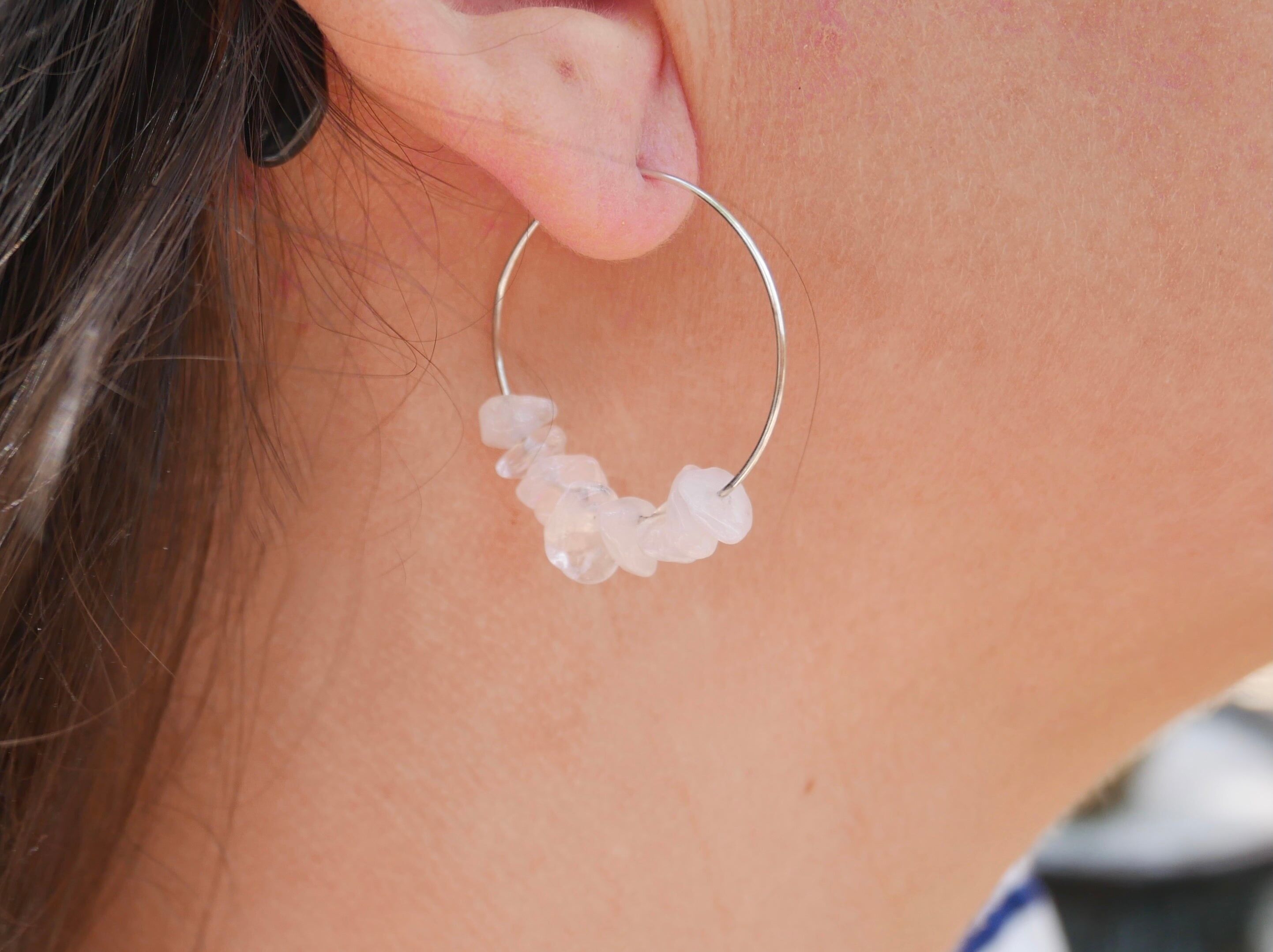 Creole earrings in Rose Quartz, pearl chips