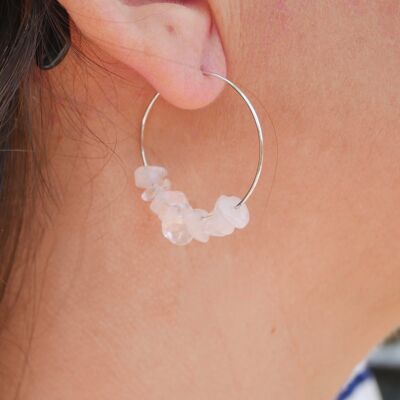 Creole earrings in Rose Quartz, pearl chips