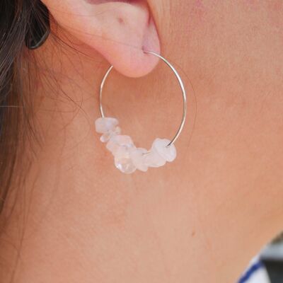 Boucles d'oreilles créoles en Quartz Rose, perles chips