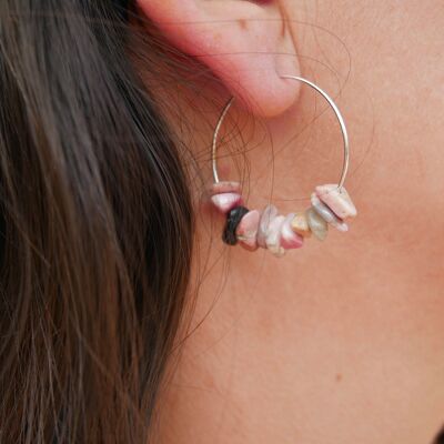 Hoop earrings in Rhodonite, pearl chips