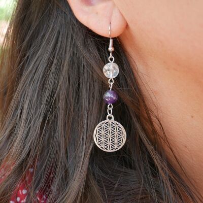 Amethyst and Crystal earrings with a Flower of Life charm