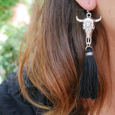 Bohemian Buffalo head and pompom earrings - Black