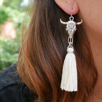 Bohemian Buffalo head and pompom earrings - Cream