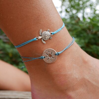 Sea turtle and compass anklet - Blue