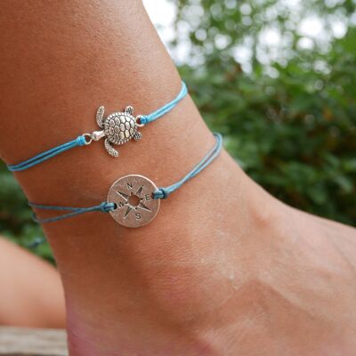 Sea turtle and compass anklet - Blue