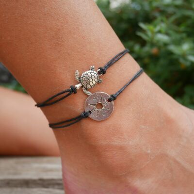 Sea turtle and compass anklet - Black