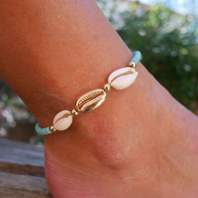 Metal cauri shell ankle chain and turquoise howlite beads - Gold