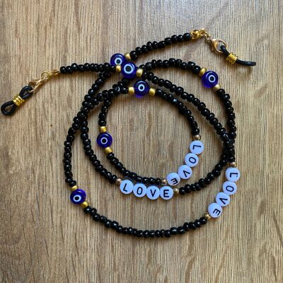 Chain, sunglasses cord, black beads and Turkish Eye Nazar Boncuk