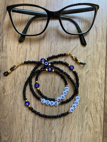 Chaîne, cordon à lunettes de soleil, perles noires et Oeil Turc Nazar Boncuk 2
