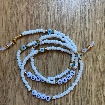Cord chain with sunglasses, white pearls and Turkish Eye Nazar Boncuk