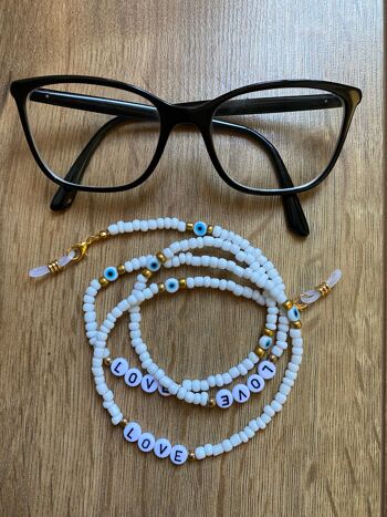Chaîne cordons à lunettes de soleil, perles blanches et Oeil Turc Nazar Boncuk 3