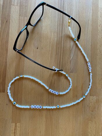 Chaîne cordons à lunettes de soleil, perles blanches et Oeil Turc Nazar Boncuk 7