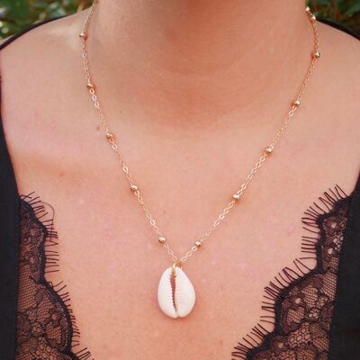 Thin golden chain and Cauri shell necklace