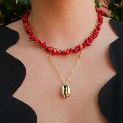 Necklace in natural stones and cowrie shell - Coral