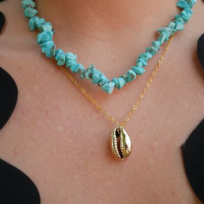 Collier en pierres naturelles et coquillage cauri - Howlite Turquoise