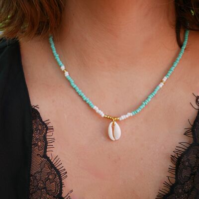 Turquoise and gold seed beads and Cauri shell necklace