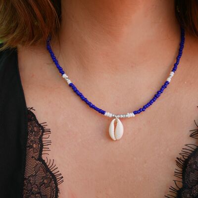 Navy blue and gold seed beads and Cauri shell necklace