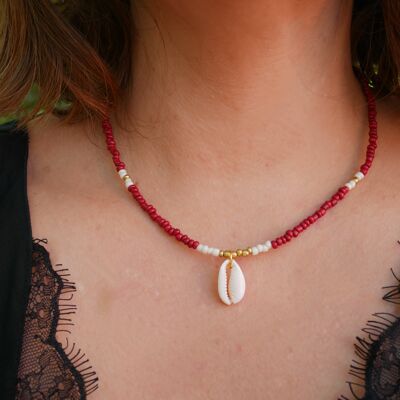 Necklace with red and gold seed beads and Cauri shell