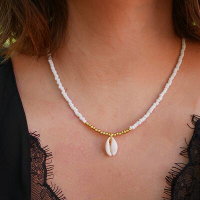 White and gold seed beads and Cauri shell necklace