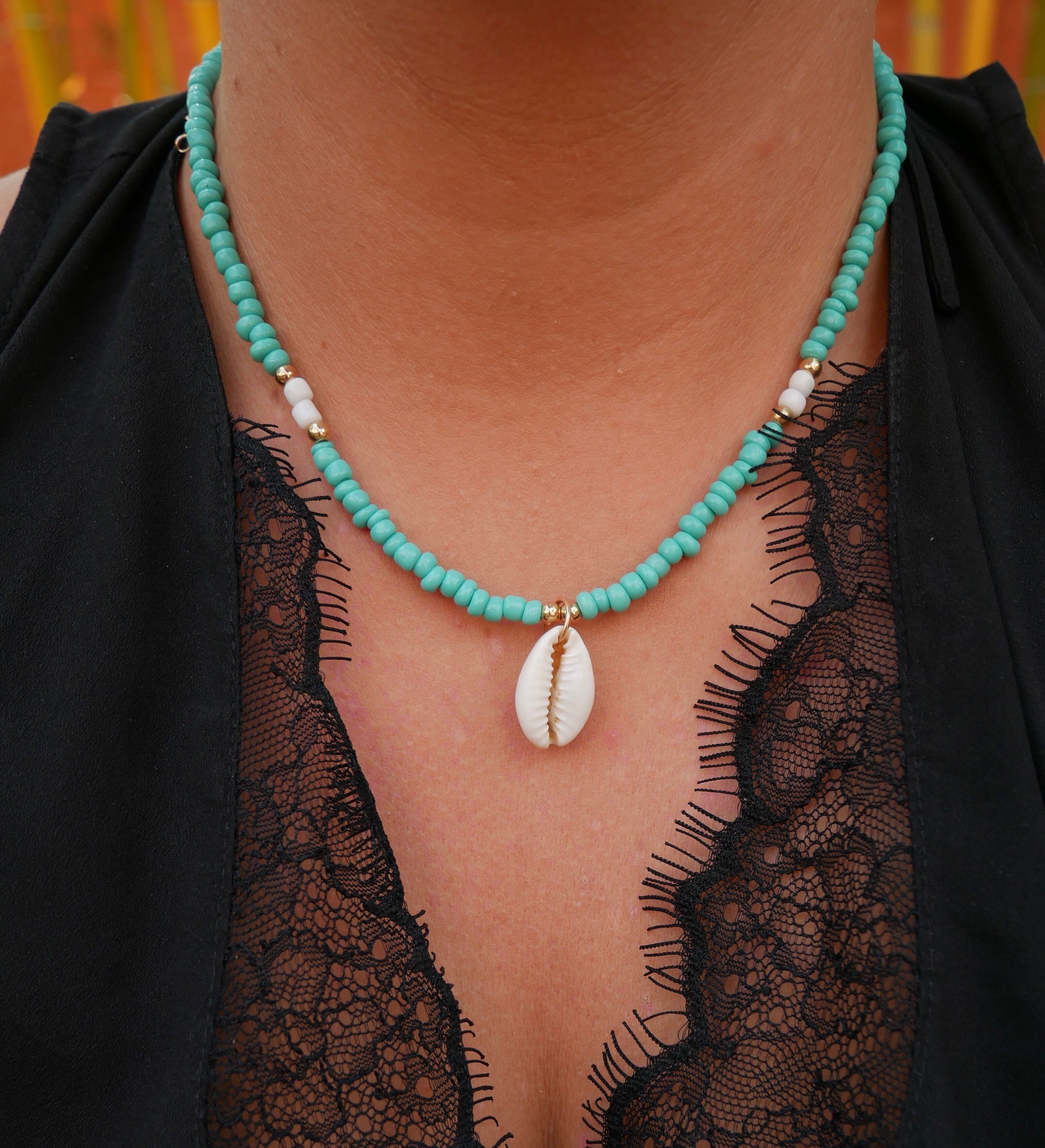 Bracelet Cheville Coquillage Cauri et Perles Turquoises