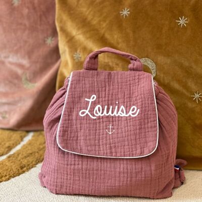 Sac à dos double gaze de coton vieux rose personnalisable avec un prénom symbole petite ancre marine