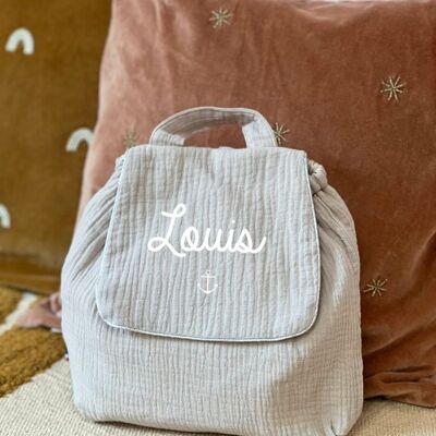 Backpack in double beige cotton gauze customizable with a first name symbol small marine anchor