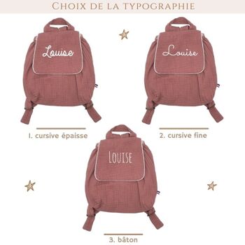 Sac à dos en double gaze de coton vieux rose personnalisable avec un prénom 5