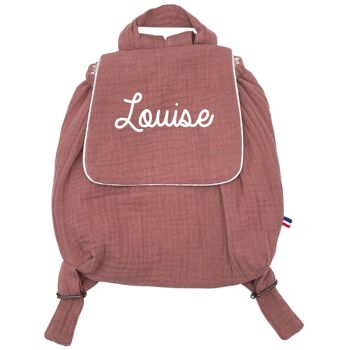 Sac à dos en double gaze de coton vieux rose personnalisable avec un prénom 2