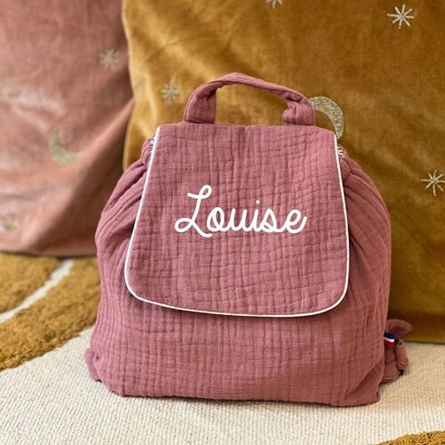 Sac à dos en double gaze de coton vieux rose personnalisable avec un prénom