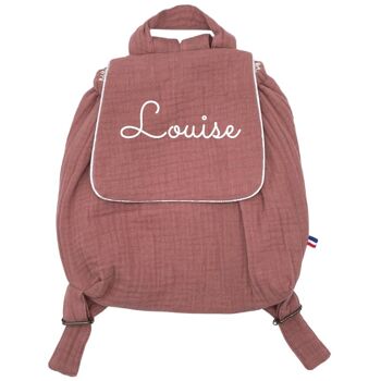 Sac à dos en double gaze de coton vieux rose personnalisable avec un prénom 4