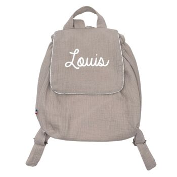 Sac à dos en double gaze de coton beige personnalisable avec un prénom 2