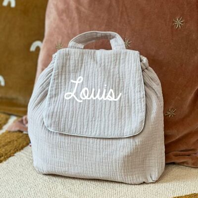 Backpack in double beige cotton gauze customizable with a first name