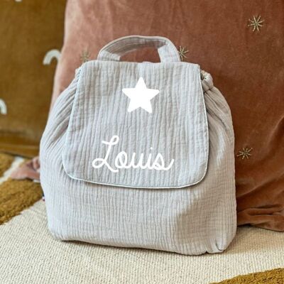 Mochila en doble gasa de algodón beige personalizable con símbolo del nombre estrellita