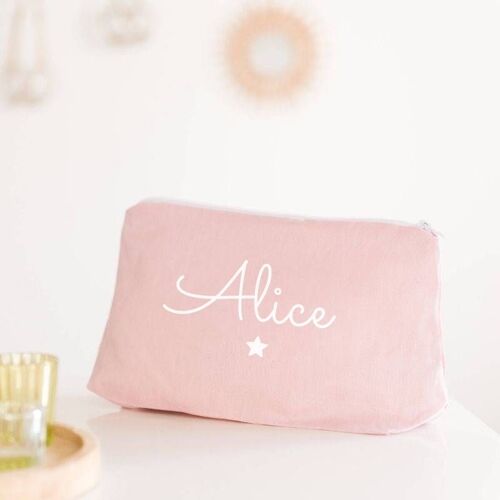 Trousse de toilette personnalisable en lin rose petite étoile