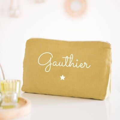 Customizable small star mustard linen toiletry bag