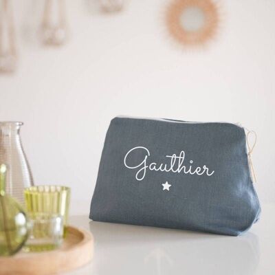 Trousse de toilette personnalisable en lin bleu grisé petite étoile