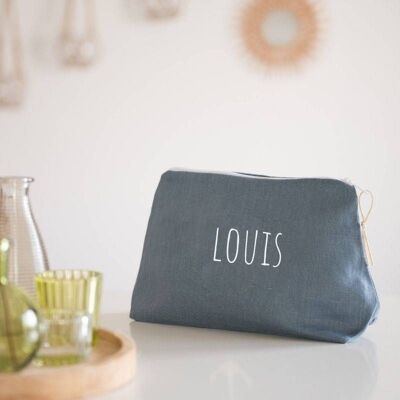 Customizable gray blue linen toiletry bag without pattern