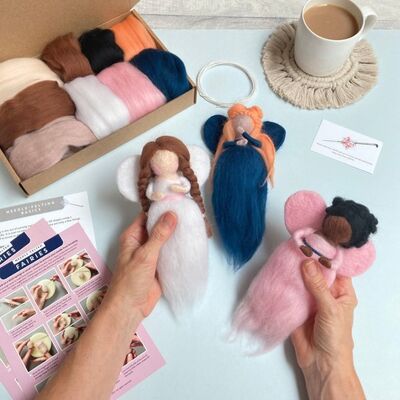 Needle Felting Kit, Fairies. Make THREE felted fairy dolls  - craft kit for adults.