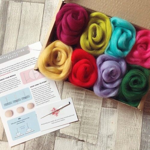 Needle felting starter kit - Brights. Merino wool roving.