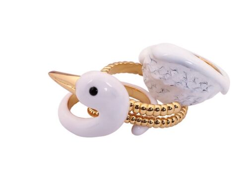 Enamel white swan Handcrafted adjustable ring three-piece set