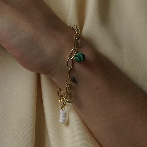 bracelet acier chaine ovale pampille pierre semi precieuse ancre marine et croix