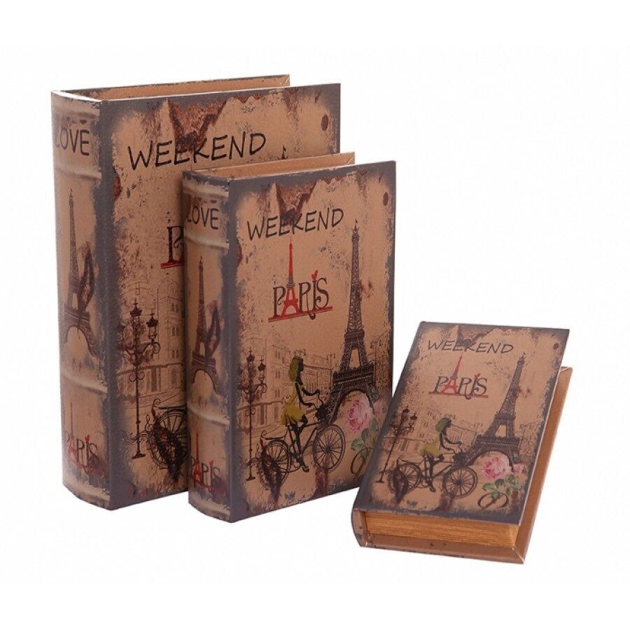 Set mit 3 Boxen - Bücher „PARIS“ aus MDF. Abmessungen: 30x22x7cm / 25x16x6cm / 20x12x4cm BB-671T