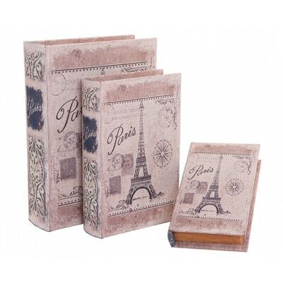 Set di 3 scatole - libri "PARIGI" in MDF. Dimensioni: 30x22x7 cm / 25x16x6 cm / 20x12x4 cm BB-671K