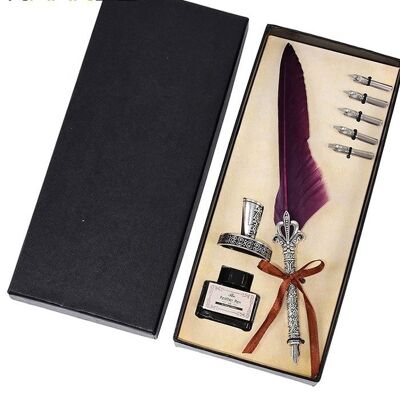 Pen set with burgundy feather and various accessories.  Package size: 11x28x4cm  Height of pen: 26cm MB-240A