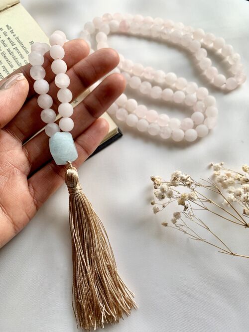 Rose Quartz Mala with Aquamarine Pendant Tassel