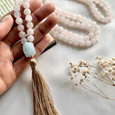 Rose Quartz Mala with Aquamarine Pendant Tassel