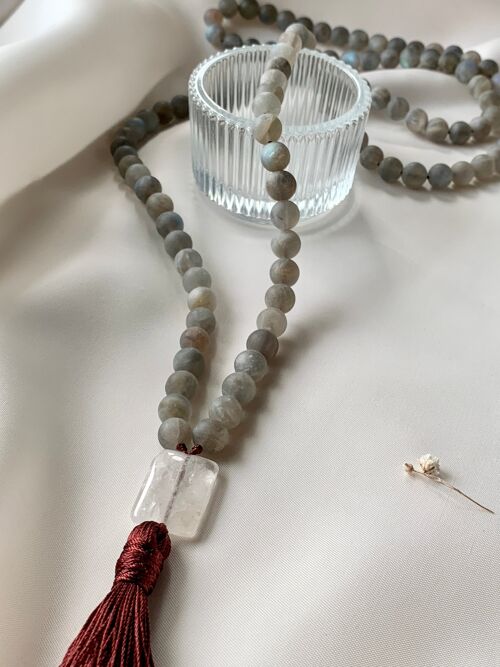 Labradorite Mala with Clear Quartz Pendant Tassel