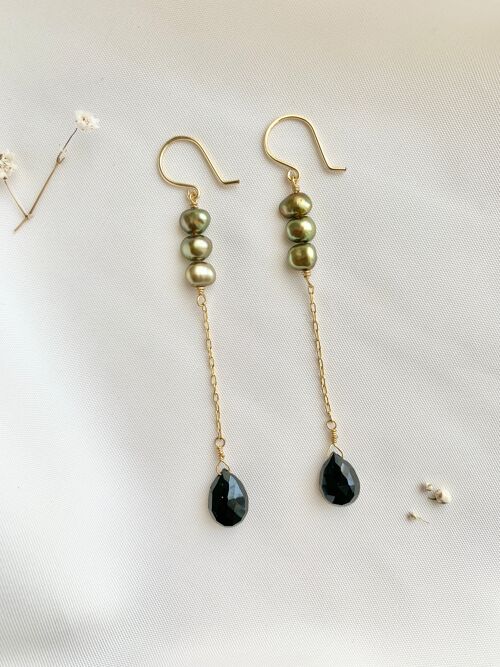 Freshwater Pearl Black Spinel Chain Long Drop Earrings