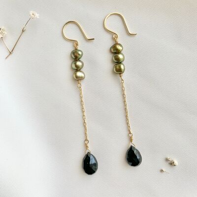 Freshwater Pearl Black Spinel Chain Long Drop Earrings