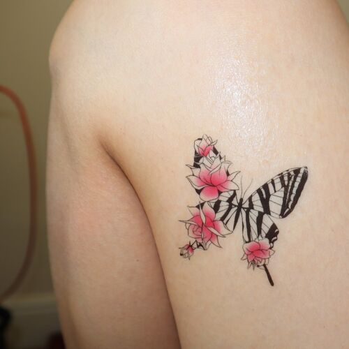 Pink rose butterfly temporary tattoo b&w